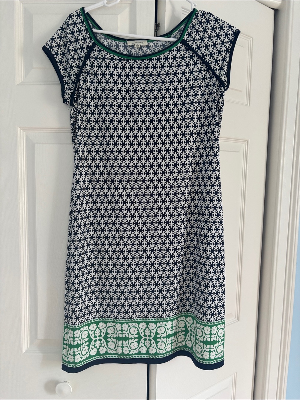 Navy& White Shift Dress with Green Trim